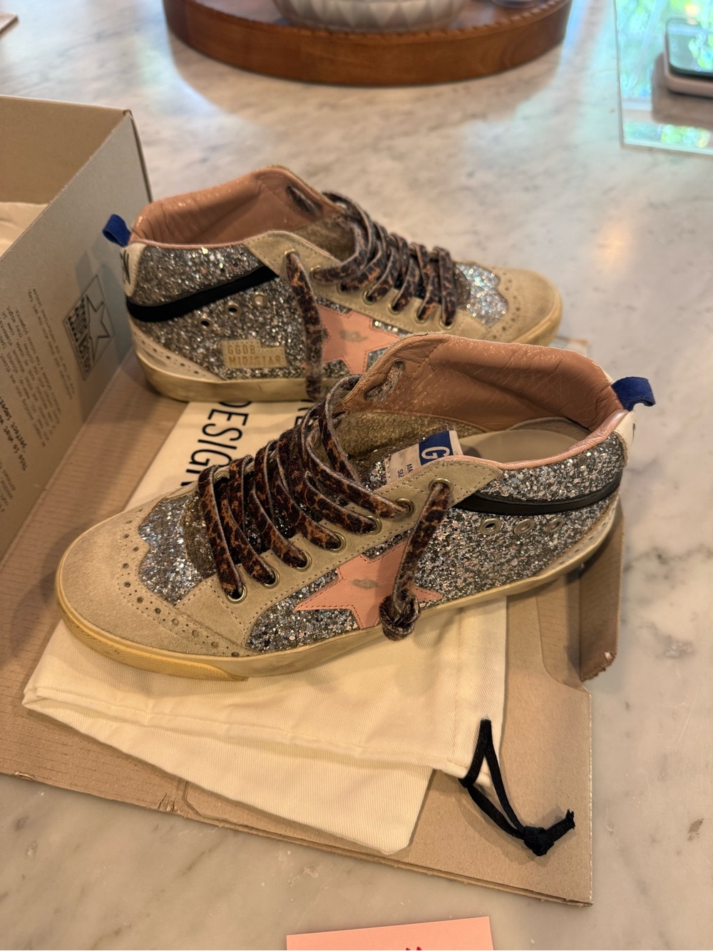 Golden Goose Silver mid stars Glitter Pink Star High-Top Sneakers